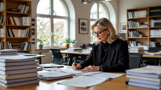 Professor annoterer overenskomstdokument ved egetræsbord i Aarhus Universitets studiesal, overskyet dagslys, akademisk bogmiljø