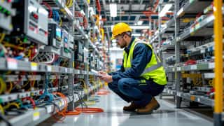Elektriker i Stavanger undersøker et strømsikringsskap i et industrielt installasjonsverksted med kabelreoler i bakgrunnen