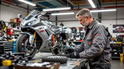 Mécanicien contrôlant le frein et le pneu d'une moto dans un garage suisse spécialisé deux-roues