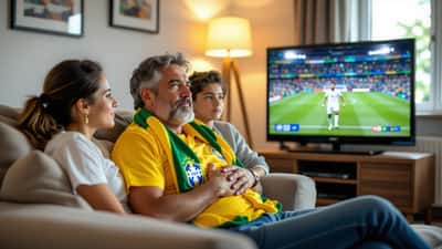 Torcedores brasileiros assistindo à partida da Copa do Mundo com emoção intensa