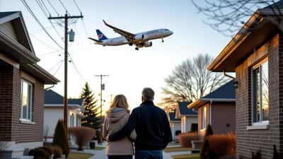 Couple de riverains regardant un avion en approche au-dessus de leur quartier résidentiel à Montréal
