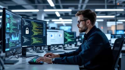 IT-Sicherheitsexperte prüft verschlüsselten Datenverkehr an mehreren Monitoren in einem Büro