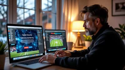 Man looking alarmed at laptop showing cybersecurity warning over paused football stream