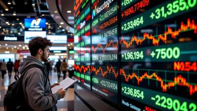 Electronic stock board showing the Nasdaq index and semiconductor tickers falling in red as a student studies the figures