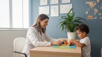 Pediatra brasileira em consulta com criança pequena em clínica em São Paulo