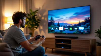 Man adjusting picture settings on a wall-mounted OLED television in a dark Australian living room with a games console below