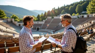 Besorgter Mann studiert Event-Tickets vor leerem Steinbruch-Amphitheater in Niederösterreich