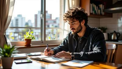Torcedor brasileiro estudando espanhol em caderno com passaporte e guia da Copa 2026 do México ao lado