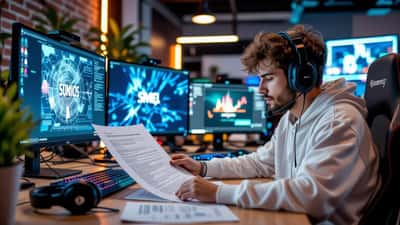 Jogador de esports revisando contrato em setup gamer profissional em São Paulo