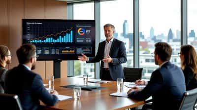 British entrepreneur pitching to investors in a London boardroom, financial charts on screen