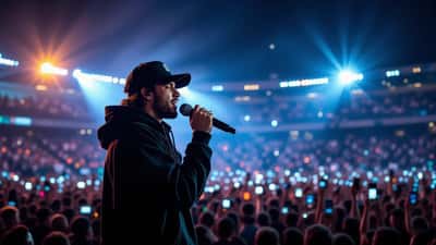 Rapper italiano sul palco allo Stadio Maradona di Napoli davanti a una folla di 50mila fan durante il tour 2026