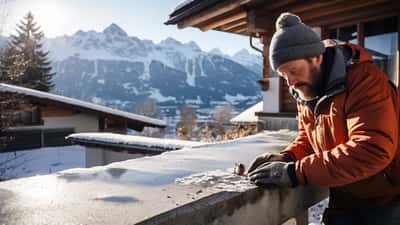 Artisan suisse inspectant une terrasse en béton abîmée par le gel printanier