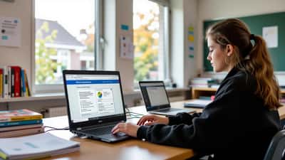 Leerling bekijkt privacy-instellingen op schoollaptop, AVG-rechten digitale leerlingdata 2026