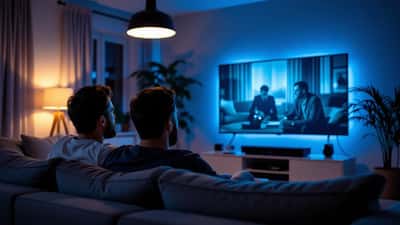 Mann schaut Tatort auf großem Heimkino-Fernseher im abgedunkelten Wohnzimmer mit Soundbar