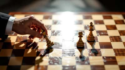 Magnus Carlsen-inspired chess championship hero image with king piece under spotlight
