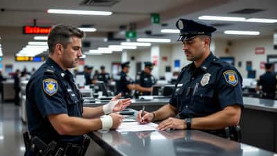 British tourist filing a police report at a Madrid Policía Nacional station after a crime