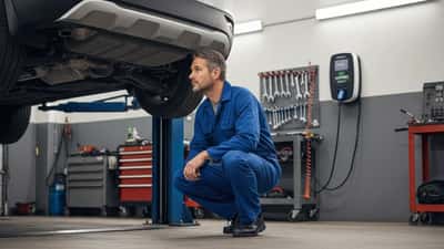 Australian mechanic inspecting a hybrid SUV on a car lift in a Sydney garage