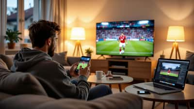 Fußballfan sitzt mit Smartphone und Streaming-App vor dem Smart-TV im Wohnzimmer, daneben Bankkarte und Laptop