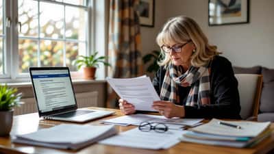 Woman reviewing DWP fraud investigation letter beside Universal Credit laptop portal, UK 2026