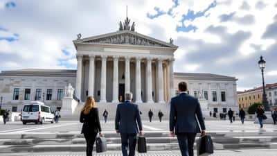 Exterior de tribunal em Lisboa com advogados e jornalistas à entrada