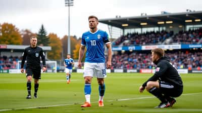Fotbollsspelare håller om sin fotled på planen under en Superettan-match i Norrköping hösten 2026