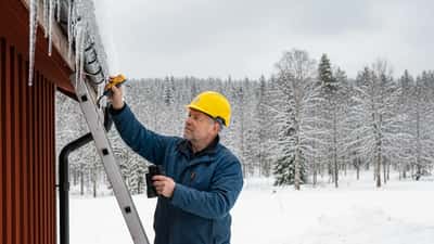 Swedish craftsman inspecting snow-damaged gutters on red wooden house in winter landscape
