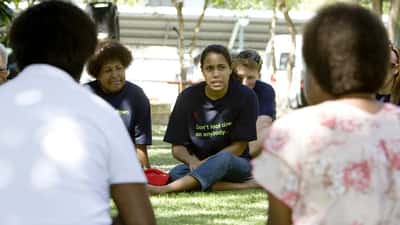 Cathy Freeman speaking at a community awareness event in Australia