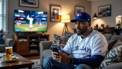 Man in Blue Jays jersey alarmed at phone security warning in Toronto apartment