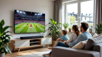 Familj tittar på fotbolls-VM 2026 på stor TV med soundbar i ett svenskt vardagsrum