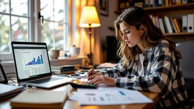 Teenage student calculating box-office percentages on paper with a calculator and laptop at a home desk