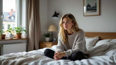 Dansk kvinde sidder alene på sengekanten med bøjet hoved — mental udmattelse efter intenst socialt pres