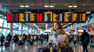Stranded traveller at a Canadian airport departure board showing cancelled WestJet flights