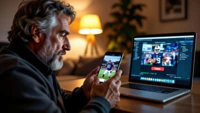 Uomo che guarda su uno smartphone una falsa pubblicita di investimenti in criptovalute con il volto di un calciatore, esempio di truffa deepfake