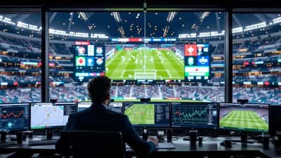 Data analyst in stadium analytics booth monitoring real-time GPS player tracking screens during Canada vs Morocco WC2026 match at NRG Stadium Houston
