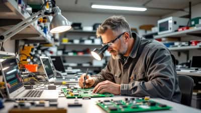 Elektronicamonteur onderzoekt een printplaat met chips in een reparatiewerkplaats