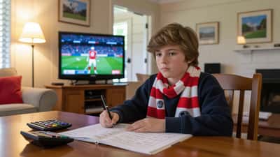 Child doing maths homework at a kitchen table while an AFL match plays on television in a Melbourne home