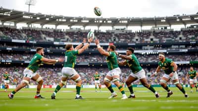 Rugby players contesting a lineout under floodlights at a packed stadium in Perth during a Nations Championship Test.