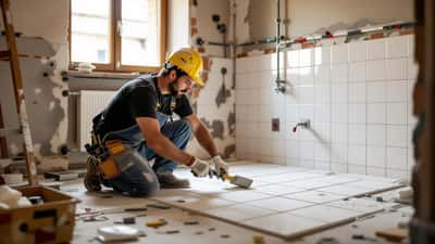 Artigiano che posa piastrelle in un bagno in ristrutturazione a Torino