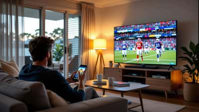 Australian fan watching AFL Pride Game on TV via streaming app in Sydney living room