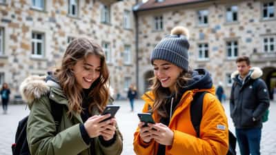 Deux adolescents suisses regardant un smartphone dans une cour d'école, représentant le fossé linguistique entre les générations et le Jugendwort 2026