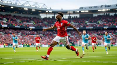 Fodboldangriber fejrer mål i Premier League-stadion under floodlights