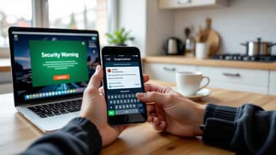 Hand som håller en mobiltelefon med ett falskt bet365-inloggningsfönster och ett varnande bluff-SMS