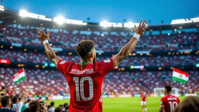 Soccer player in a red national-team jersey celebrating a goal in front of a packed World Cup crowd