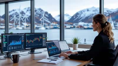 Norsk investor gjennomgår energiaksjer og porteføljedata i moderne Stavanger-kontor under ONS 2026