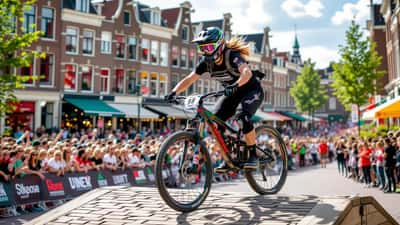 Vrouwelijke slopestyle mountainbiker mid-air op jump kicker boven de Grote Markt Groningen