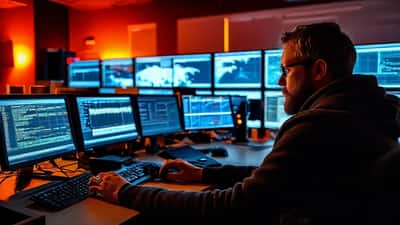 IT-sérfræðingur skoðar netöryggismælaborð á tölvuskjám eftir NIS2-tilskipun ESB