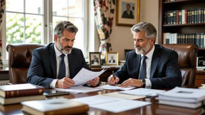 Un conseiller en gestion de patrimoine examine des documents de succession, livres et contrats d'édition, sur un bureau parisien
