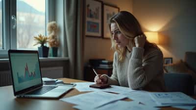 Norsk kvinne ser på laptop med nedadgående finanskurver ved hjemmekontorbord, tomt lommebok og regninger foran seg i Oslo-leilighet