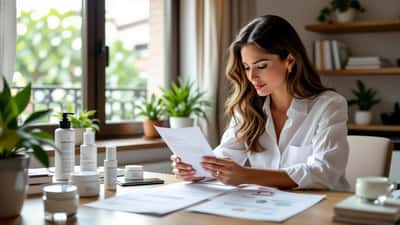 Estetista italiana alla scrivania esamina documenti AGCOM e profilo social su smartphone, creme skincare sul tavolo