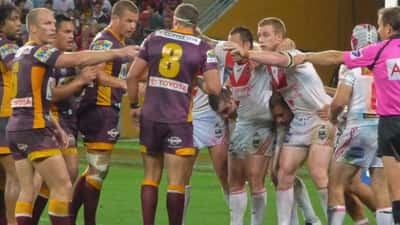 Brisbane Broncos NRL players in action during a rugby league match